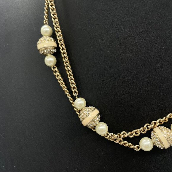 J. Crew Double Strand Faux Pearl Cream Enamel Rhinestone Necklace Gold Tone - Picture 3 of 4